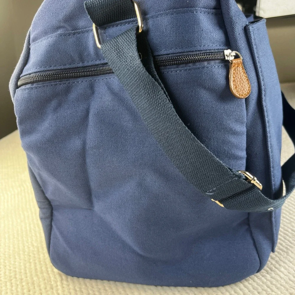 Tommy Bahama Mens Navy Blue Canvas Duffel Weekender Bag with Tan Accents